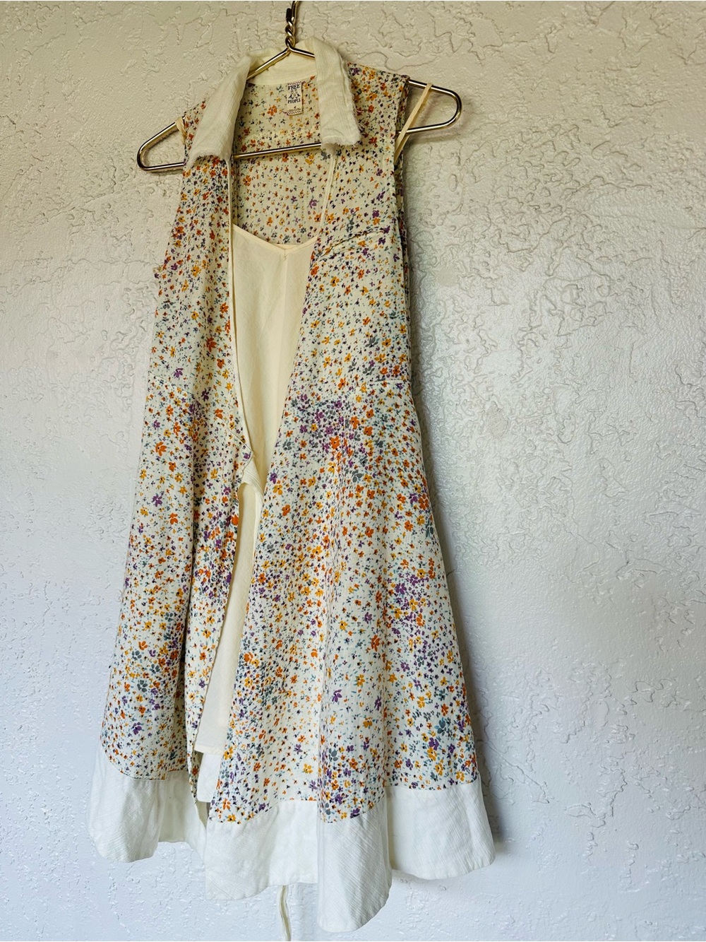 Vintage Free People Linen Cotton Floral Sleeveless Wrap Mini Dress Boho - Picture 8 of 10